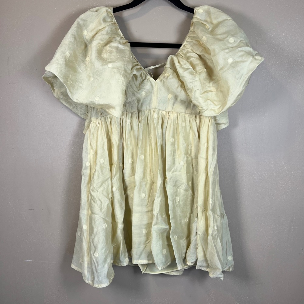 Moon River Yellow Polka Dot Babydoll Mini Dress Flutter Sleeve V-Neck Medium